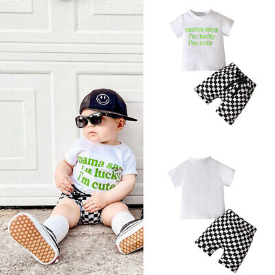 2PCS Newborn Infant Baby Girl Clothes Letter Print Tops Plaid Shorts Outfit Set