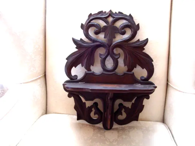 Antique Black Forest Style Hand Carved 3D Wooden Wall Shelf Walnut Folding 16"H