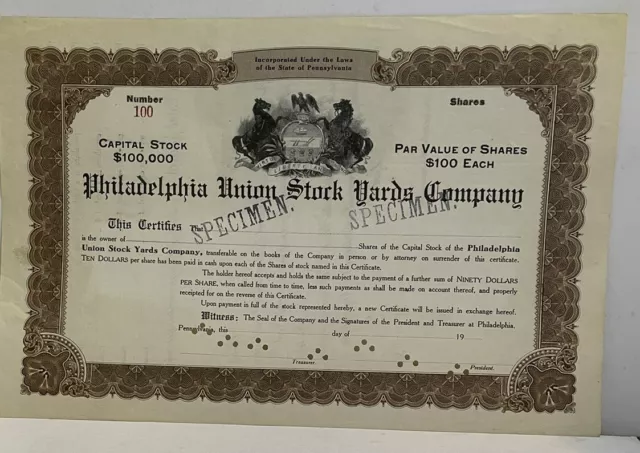 Philadelphia Union Stock Yards Co. Stock Certificate -