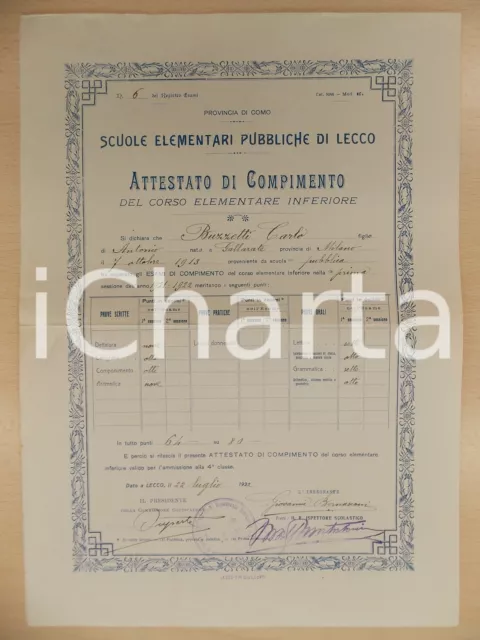 1922 LECCO Diploma di licenza elementare per Carlo BUZZETTI cm 25x35