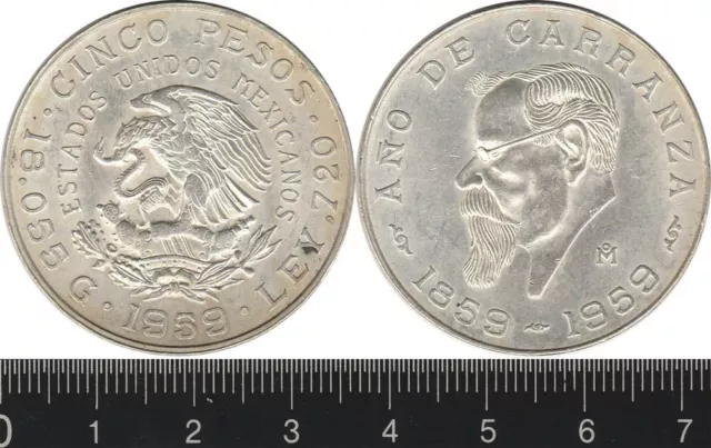Mexico: 1959 Mo Cinco Pesos 100th Anniversary of Carranza's Birth silver 5 Pesos