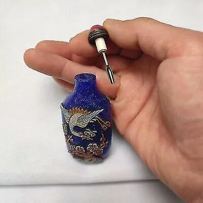 Old Beijing chinese colored glaze peking glass snuff bottle painted carved crane 3