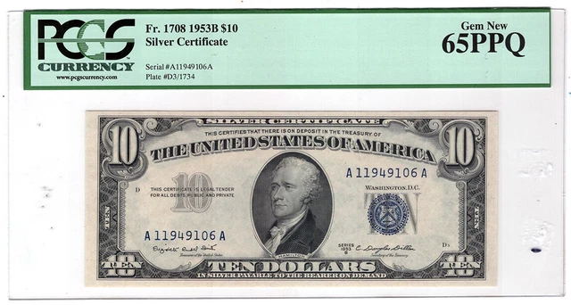 1953 B $10 Silver Certificate.  Fr. 1708.  PCGS GemCU-65 PPQ.  Y00009729