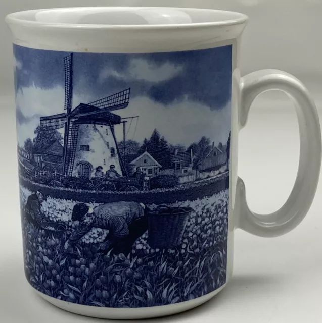 Delft Holland Coffee Mug Cup Hand Decorated Blue White Windmill Tulip Pickers