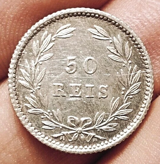 Portugal 50 reis 1889 coin (D. Luiz I; SILVER! aUNC+!)