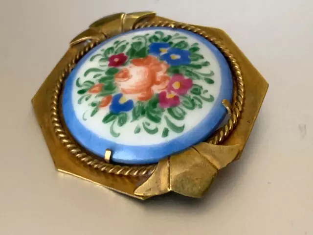 Antique Victorian French Brooch - Porcelain hand painted - Limoges - Numbered 34