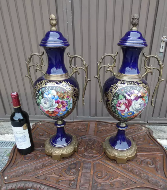 PAIR vintage LArge Cobalt blue Porcelain vases urns floral decor