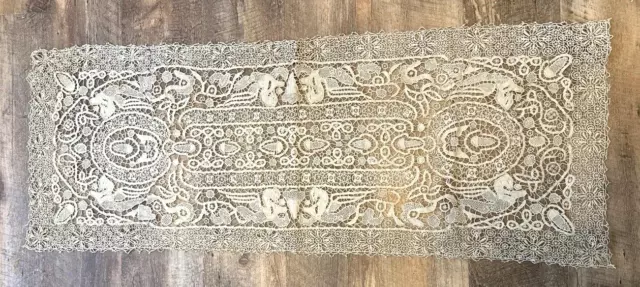 Antique Vtg Needle Knotted Lace Table Runner Dresser Scarf Brown 39" x 15"