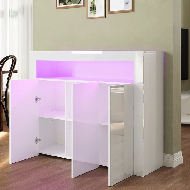 Sideboard Hochglanz Weiß Mit LED – Kommode 2 Türen 3 Schubladen TV Schrank