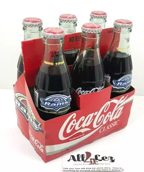 1995 Coca Cola 6 Pack Bottles & Carrier St Louis Rams "Inaugural Season" Coke