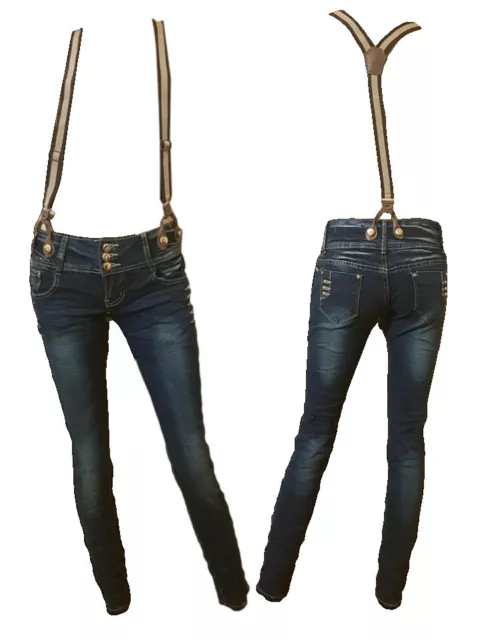Jeans Femme Bretelles Amovibles Skinny Bleu Foncé Extensible Boutons Dorés