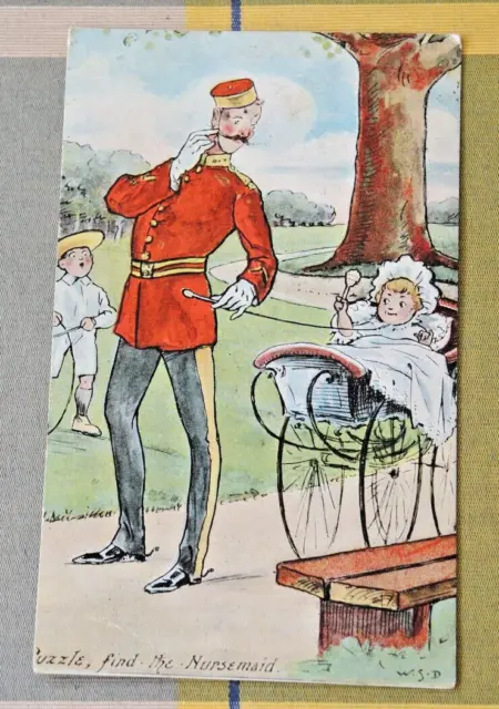 Comic Card “Puzzle Find The Nursemaid” Dragoon Guards Bandsman P/M Tasmania 1907