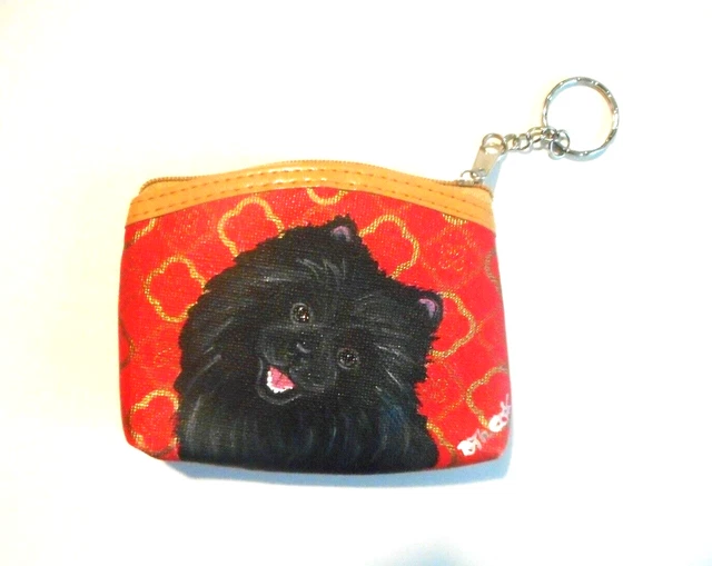 Black Pomeranian dog Coin Change Purse with Key Chain Hand Painted