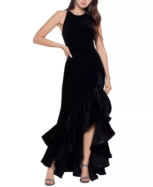 Betsy & Adam Black Ruffled Velvet Halter Maxi Dress Gown Size 8 NWT