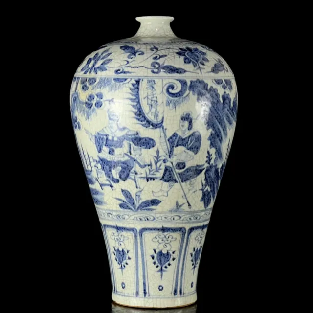 17“China ancient Yuan dynasty Blue and white Open film character story Plum vase