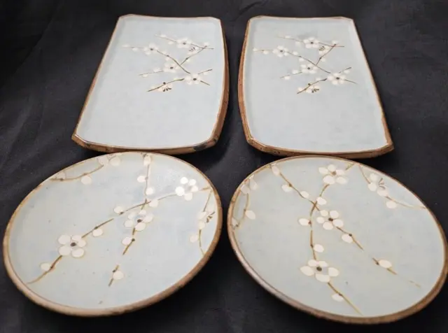 Set Japanese Stoneware Cherry Blossom Sakura Blue Brown 2 Sauce Plates & 2 Trays