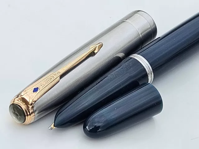 Parker 51 Vacumatic 1947 Cedar Blue Coin Stack Cap 14K Med Nib Fully Restored