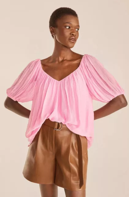 NWT Rebecca Taylor V-Neck Silk Blend Puff Sleeve Top, Flamingo Pink, Sz XS
