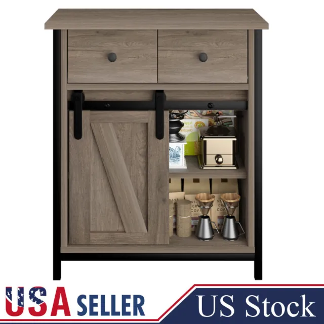 Sideboard Buffet Storage Cabinet w/ 2 Drawer and Sliding Barn Door Console Table