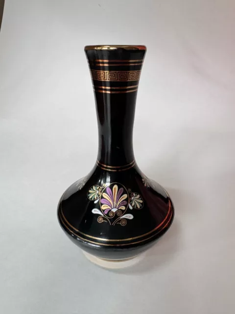 Vintage Handmade in Greece Black Bud Vase 24 k gold Grecian Decor Dekas Keramik