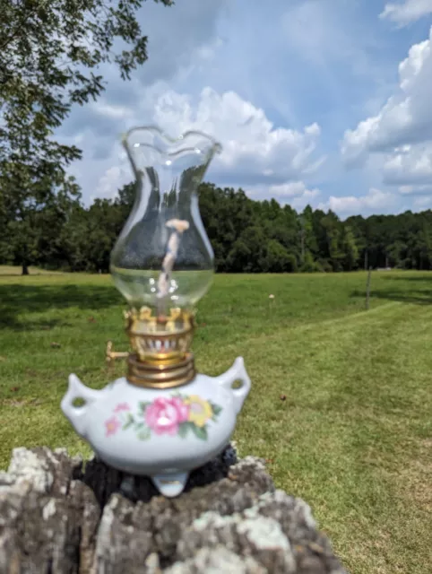 Oil Lamp Vintage Porcelain Footed with Floral/Roses and Clear Glass Shade