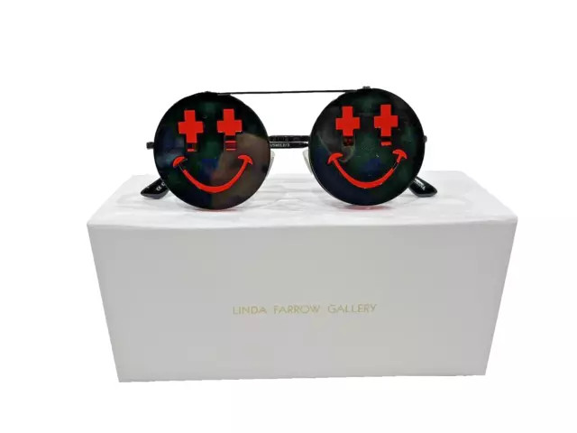 New LINDA FARROW Jeremy Scott Smile Shiny Black-Red Lens Sunglasses Flip up