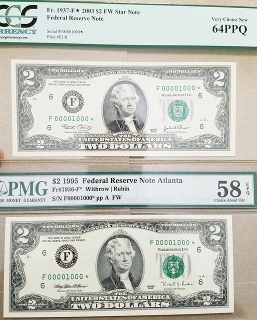 MATCHING   FANCY BINARY Serial Number # 00001000* $2 Atlanta PMG EPQ PCGS PPQ