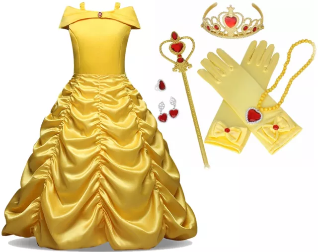 Beauty and Beast Kid's Yellow Princess Belle Costume Halloween Party Girl Dress