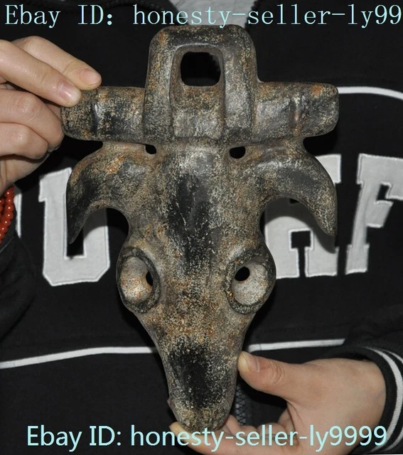 8.6" China Hongshan culture Old jade Feng Shui sacrifice Cow head statue Mask