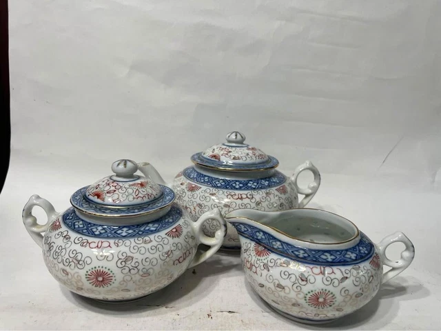 Vintage Chinese Rice Grain Jingdezhen Porcelain Tea pot, creamer and sugar bowl