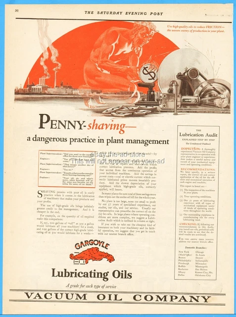 1923 Gargoyle Vacuum Lubricating Oil Penny Shaving Dangerous Plant Management Ad