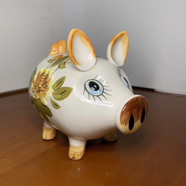 Vintage Piggy Bank Hand Painted Floral Ceramic Bank Made in Italy 5.5” x 5.5”