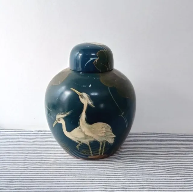 Beautiful Large Ginger Jar Lotus Flower And Stork Design Ceramic Vase Oriental
