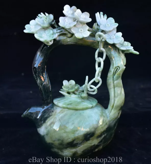 7.6 " China Natural Dushan Jade Carved Flower Portable Teapot Lucky Sculpture
