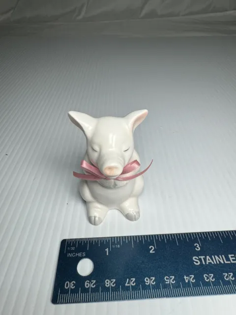 Dept 56 White Ceramic Small Pig with a Pink Ribbon Figurine 3 1/4" tall