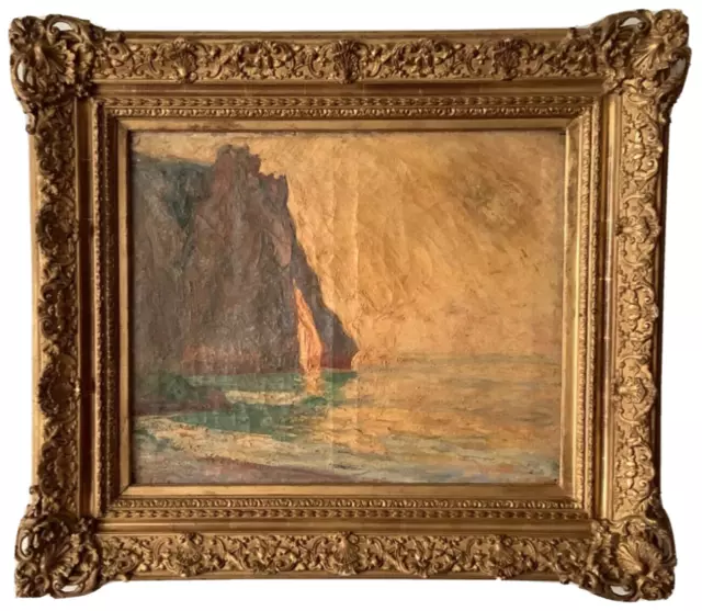 19Th Century French Impressionism Claude Monet Cliff Etretat Sunset Oil Canvas