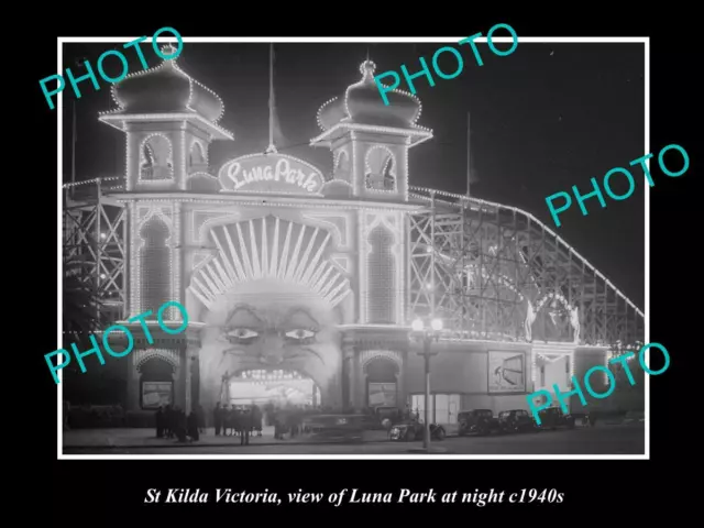 OLD 8x6 HISTORIC PHOTO OF St KILDA VICTORIA VIEW OF LUNA PARK AT NIGHT c1940