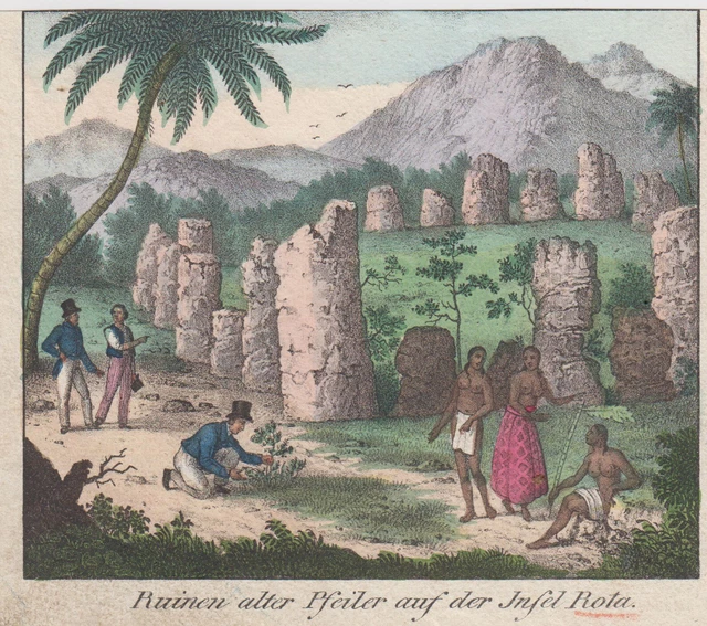 Marianen Isla Rota Ruinas Original Colorido Litografía Völkergalerie 1840