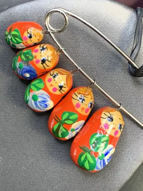 Russian 60's Matryoshka Nesting Doll Wood Hand Painted Dangle Pin