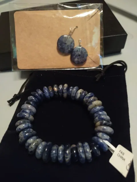 Natural Stone Sodalite Blue Stretch Bracelet And Matching Dangle Earrings