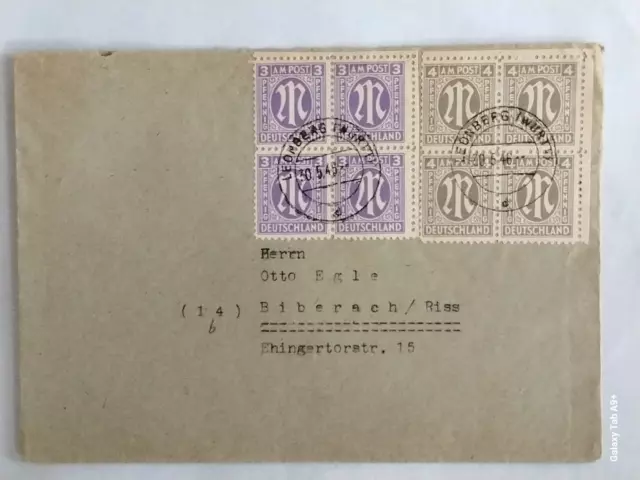 Germany Cover w/ 3 & 4 Pfenning AM Post Stamp Blocks Doublse Ring 1946 CDS's