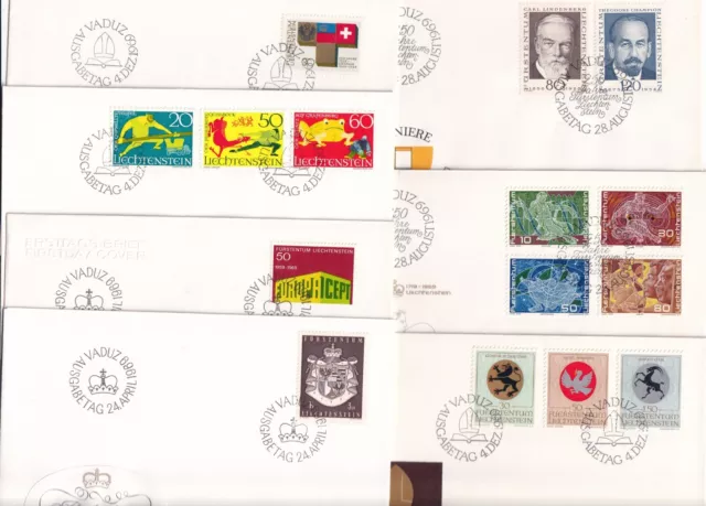 Liechtenstein, 7 verschiedene FDC mit dem kompletten Jahrgang 1969