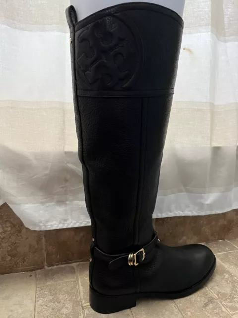 NEW $495+ Tory Burch MARLENE Black Logo Riding Boot Flat Equestrian Sz 8.5 3