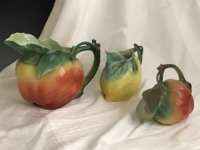 Set Of 3 Antique Royal Bayreuth Porcelain Figural Fruit Pitcher Or Creamer