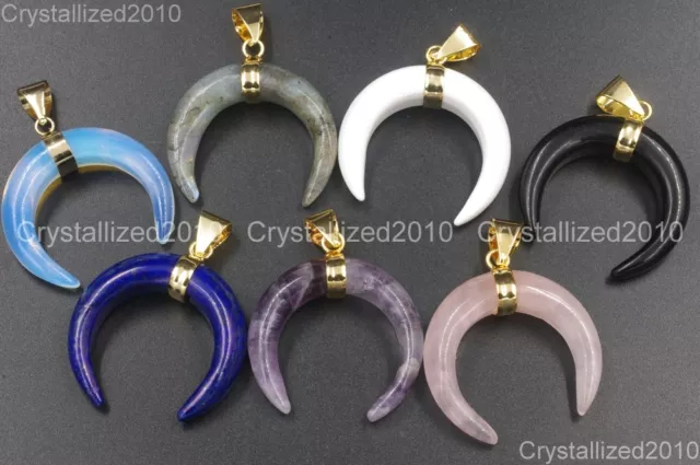 Natural Gemstones Ox Longhorn Bull Horn Reiki Chakra Healing Pendant Beads Gold