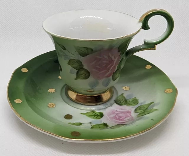 Occupied Japan Hand Painted Green floral tea cup & saucer Beautiful Vintage