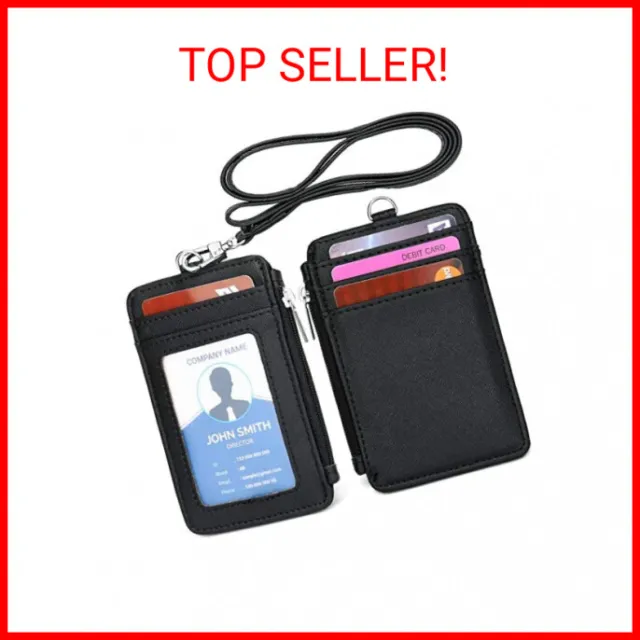 Leamekor ID Badge Holder with Neck Lanyard PU Leather ID Badge Wallet Case with