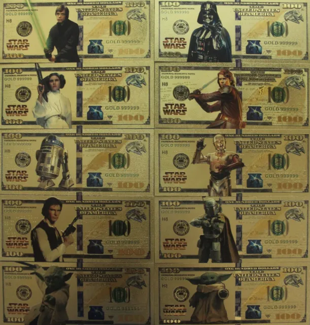 (10) Gold Banknote Star Wars  $100 Novelty Banknotes For Collection Or Gift