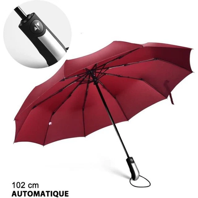 Parapluie Inversé Automatique Avec Motif Fleur Rouge - Anse En C, Anti-UV, Anti-retournement - Noir