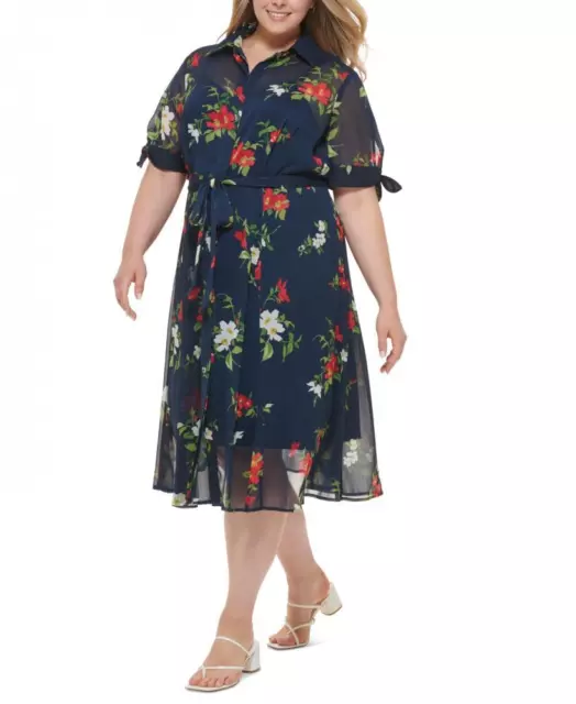 New $149 Calvin Klein   Women's Floral Illusion Chiffon Short Sleeve Dress A2357 3